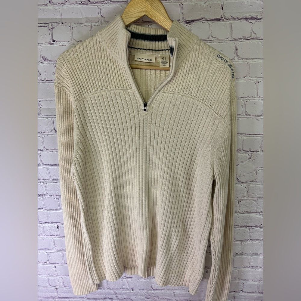 DKNY Cream Ribbed 1/4 Zip Mock Neck Collegiate Prep Casual Cotton Sweater L